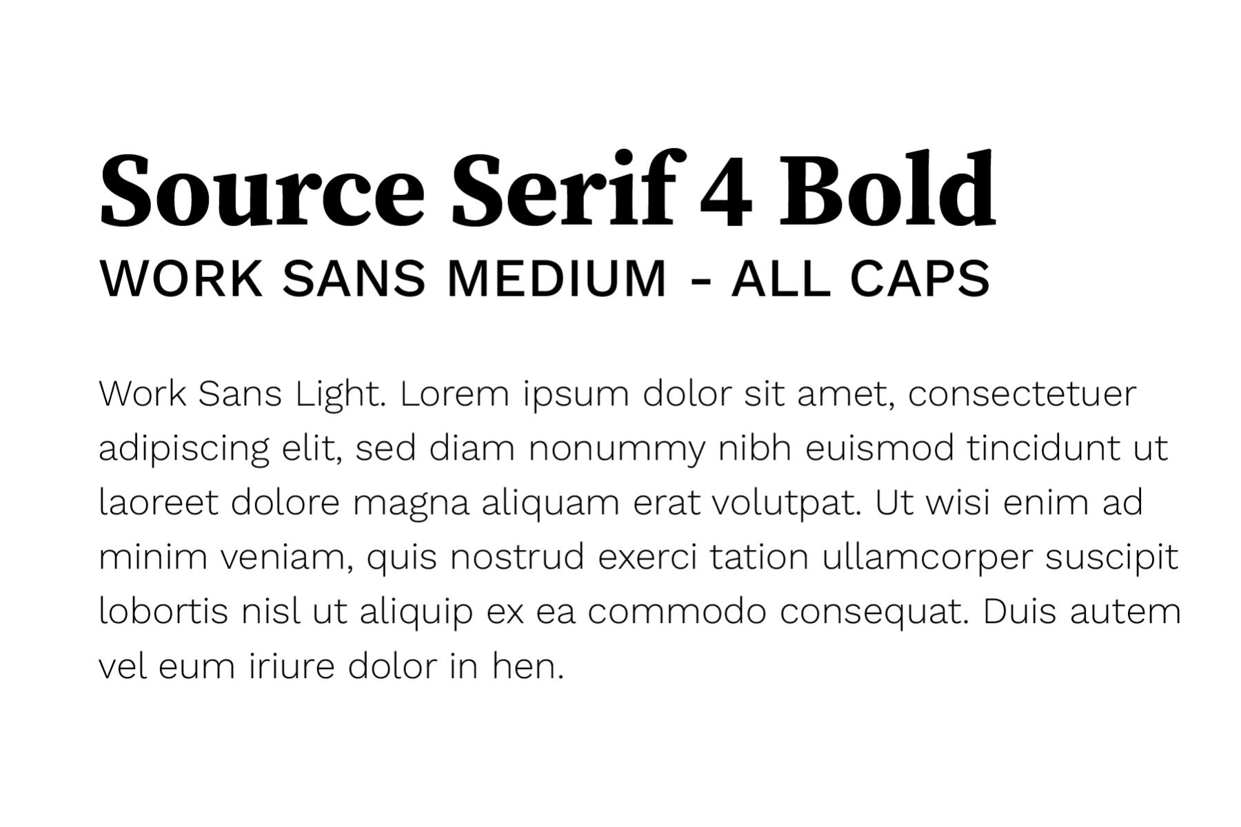 Typeface example showing Source Serif headline, Work Sans subhead, and Work Sans body copy