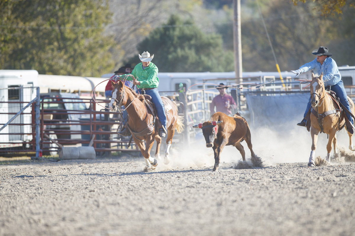 NCTA Aggie team ropers Tom Percival, header at right, and Trey Baum, heeler, will compete again April 14-15 in Lincoln. (Craig Chandler / University Communication)