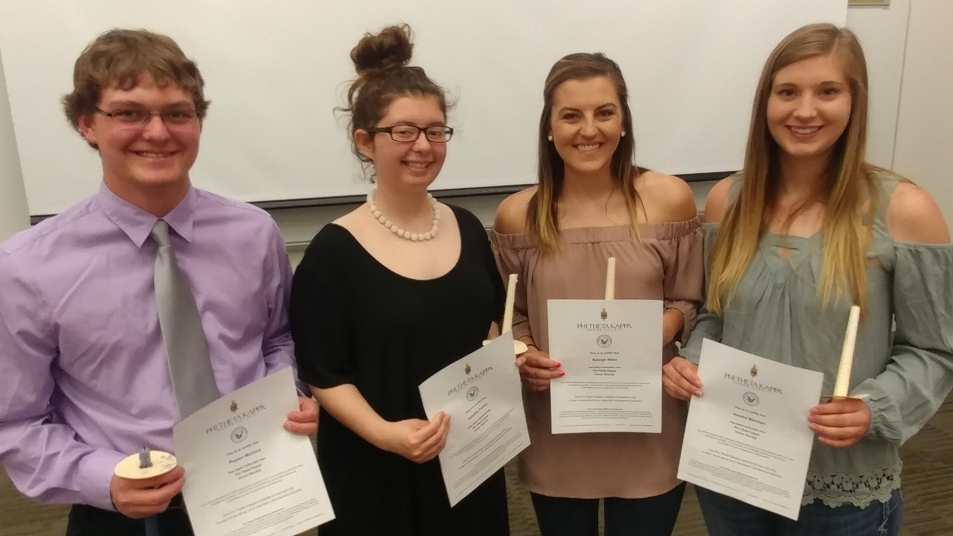 Phi Theta Kappa academic honorary features Dean's List and Honor Roll students. The 2018-19 PTK officers, from left, are Peyton McCord, vice president; Dorothy Fulton, president; Baleigh Miller, student senate, and Kendra Marxsen, historian. Not pictured are Leighlynn Obermiller, secretary, and Shayla Woracek, student senate. All six were named to the NCTA Dean’s List or Honor Roll this spring. (Mary Crawford/NCTA Photo) 