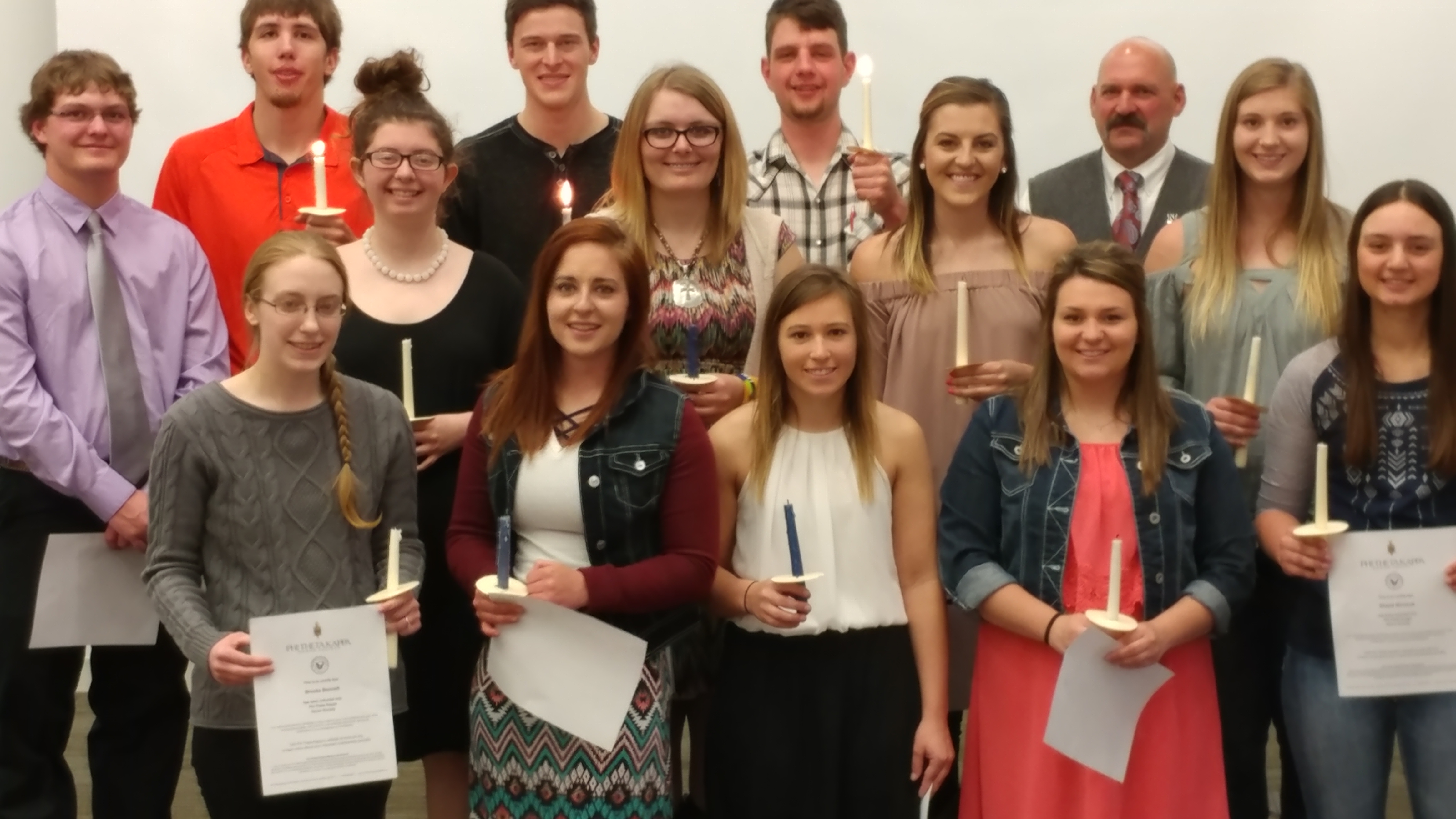 NCTA students installed in PTK are, front row, Brooke Bennett, Sadie Christensen, Colbey Luebbe, Paige Twohig, and Shayla Woracek. Middle row, Peyton McCord, Dorothy Fulton, Bridget Jackson, Baleigh Miller, and Kendra Marxsen. Third row, Lee Jespersen, Jesse Orr, Trevin Likens and Scott Smith. (Mary Crawford/NCTA Photo)