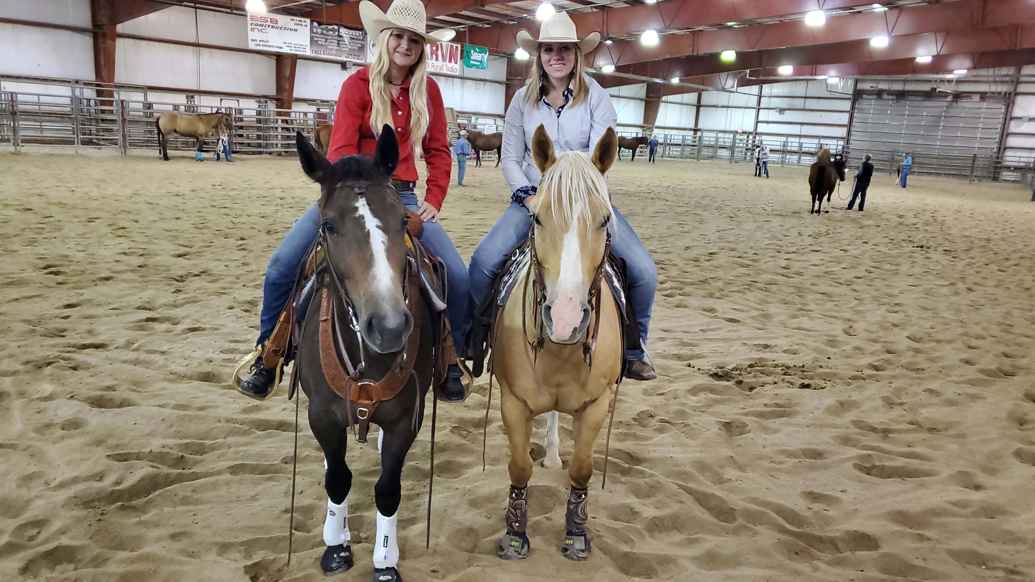 Academic majors can lead to competition teams for NCTA Aggies. Friends Addison Villwok and Annie Bassett competed on the Ranch Horse Team last year. Their college careers started with application made to NCTA when they were high school seniors at Randolph and Gothenburg, respectively. (Crawford / NCTA News photo)