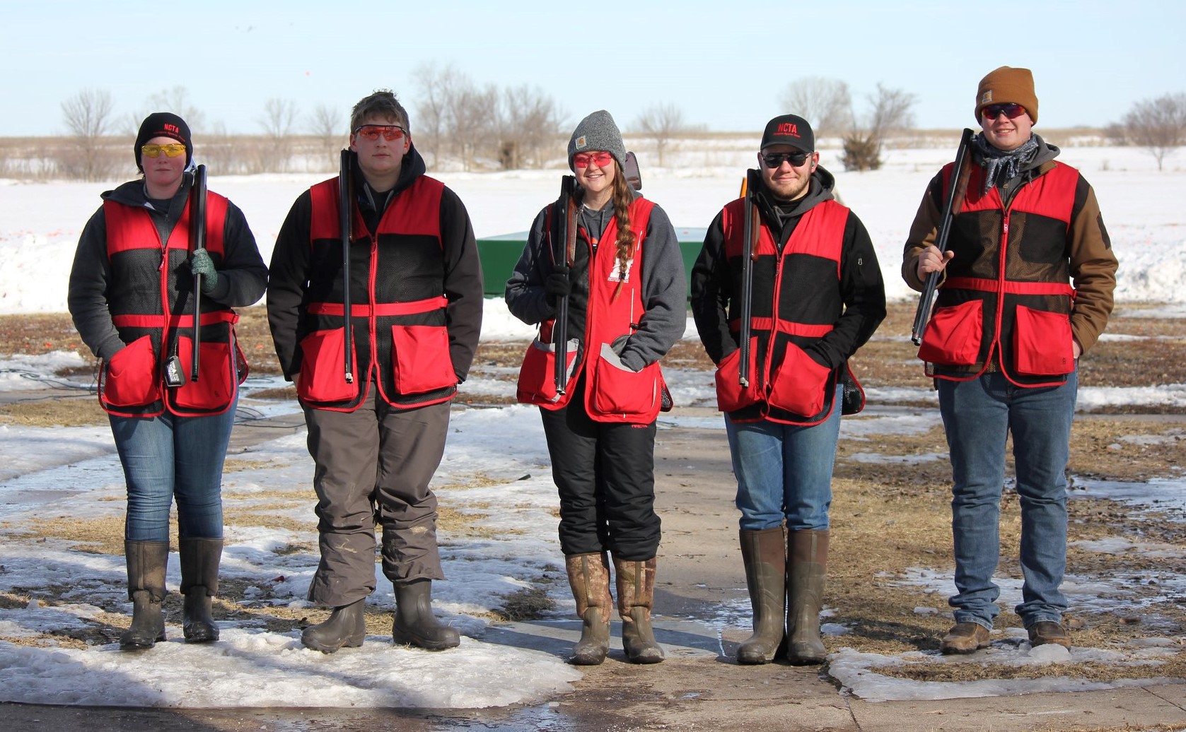 NCTA Aggies braved cold, wintry conditions Saturday at the Lincoln Skeet & Trap Club, from left, Kaylee Hostler, Central City; Trevor Kuhn, Omaha; Angela Crouse, Haigler; David Jelken, Juniata; and Chase Stanley, Shickley. (Jody Crouse photo)