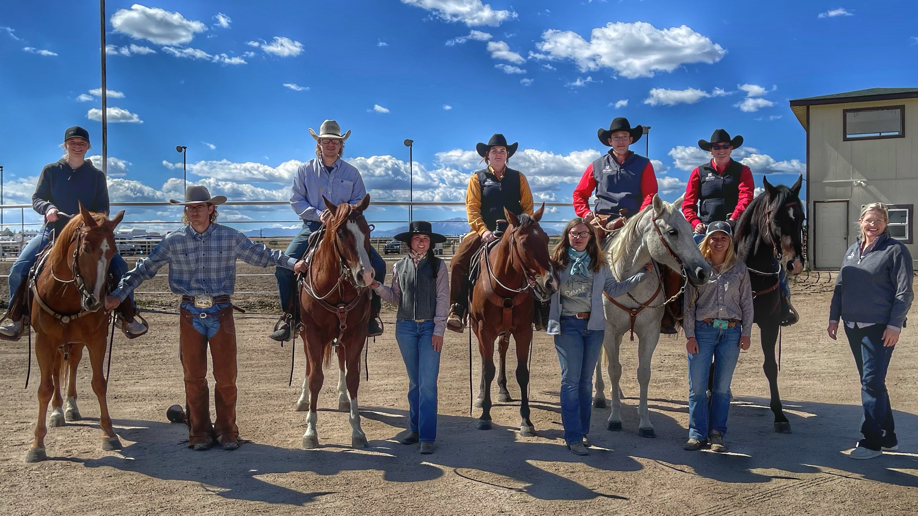 NCTA Ranch Horse Team members at Elbert, Colo., from left, Gwen Olberding, Ayden Long, Jack Berggren, Kirstin Cawthra, Devry Bellomy, Emma Yarolimek, Cauy Bennett, Paige Stamper, Jessica Burghardt and Coach Joanna Hergenreder. (Ranch Horse Team photo).