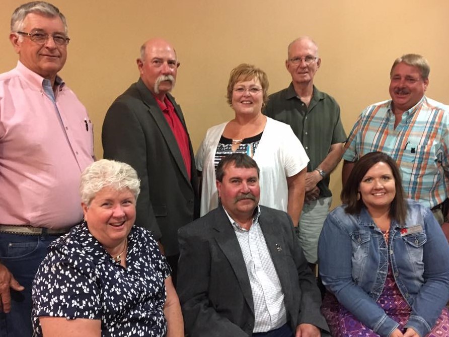 The 2017-2019 Aggie Alumni Association officers and board members were named at the annual banquet in Broken Bow. Seated, from left, President-elect Ann Bruntz, Friend; President Dave Mehaffey, Bellwood; Secretary Catherine Potter Hauptman, Curtis; Standing, from left, David Bruntz, Friend; Dan Stehlik, Kim Bowers Mortensen and Jerry Sundquist, all of Curtis, and David May, Bennett. (Crawford/NCTA News photo)