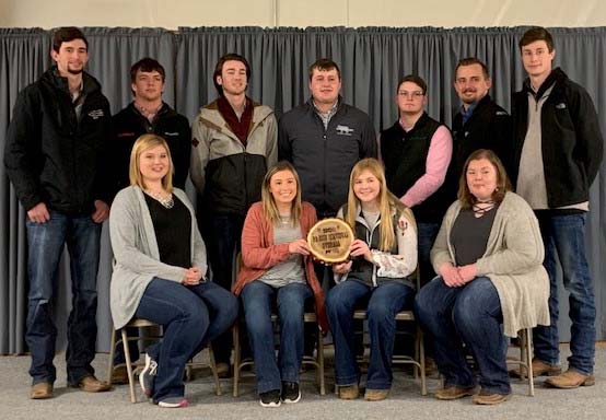 Nebraska College of Technical Agriculture livestock evaluators are:  (Standing, from left) Remy Mansour, Camden Wilke, Garrett Lapp, Seth Racicky, Peyton McCord, Grant Romshek, and Will Moeller. (Seated, from left) Maisie Kennicutt, Colbey Luebbe, Emily Riley, and Rachel Miller. (Dean Fleer/NCTA Photo)   