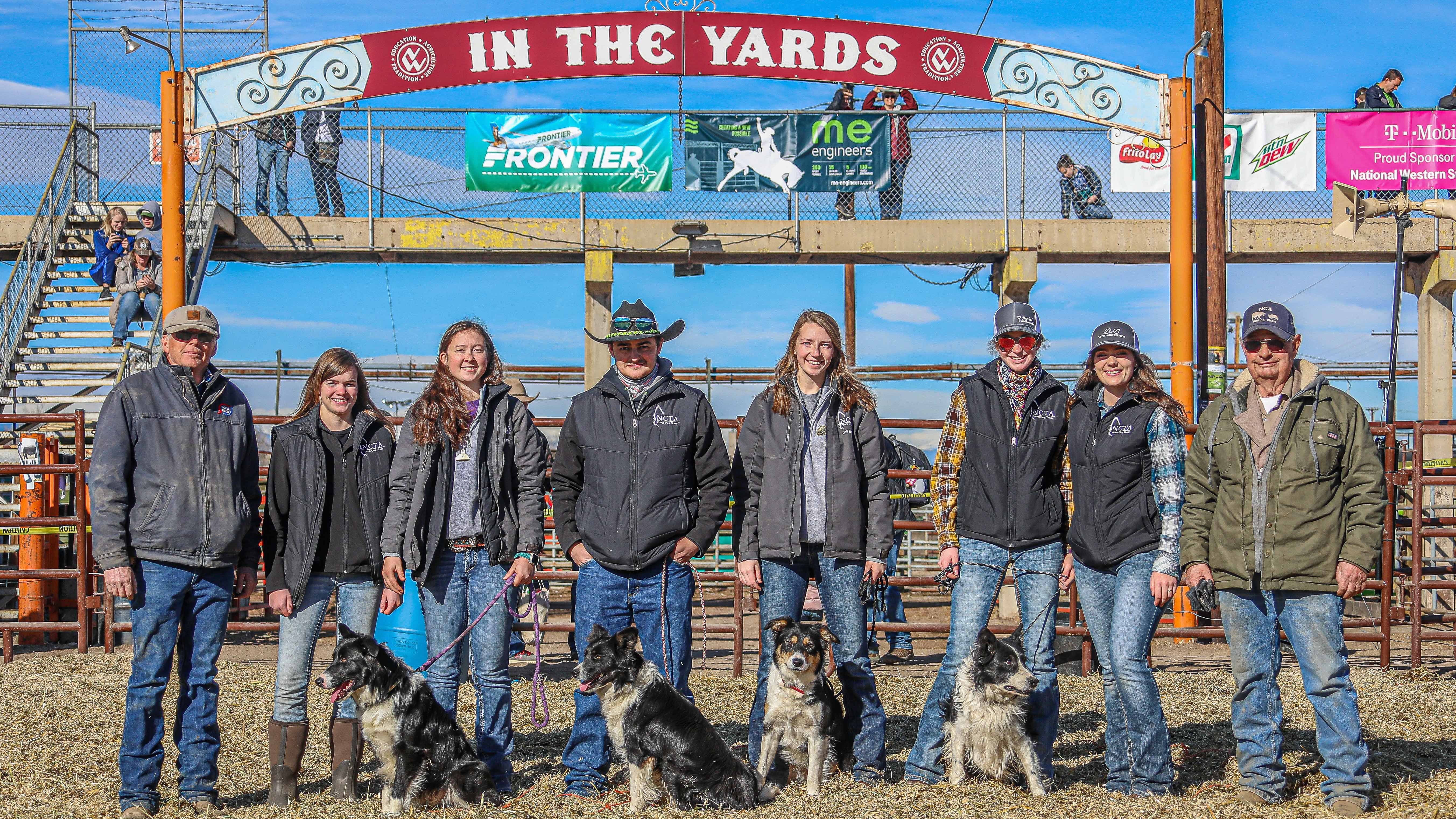 Outback Stock Association leaders and NCTA coaches Kelly Popp of Curtis, far left, and Eddie Merritt of Wellfleet, far right, gather at the National Western Stock Show in Denver with NCTA students Kaytie Henrickson, Breauna Derr, CJ Monheiser, Joli Brown, Alexandra Hazuka, and Emily Hubbell. (Courtesy photo by XP Ranch Photography)