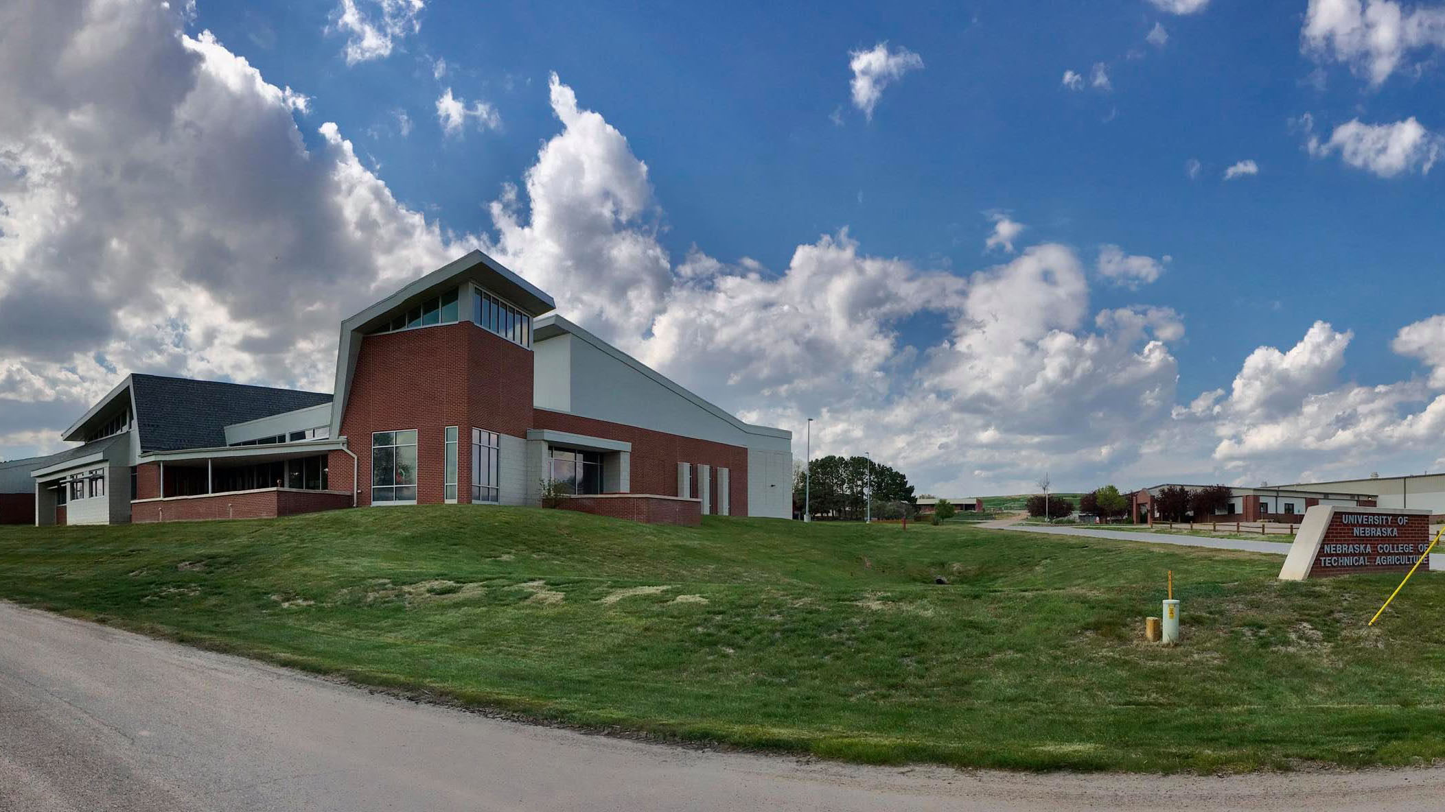 A panoramic view of the Nebraska Agriculture Industry Education Center is the cornstone to welcome visitors to the southeast entrance of campus. (A.Taylor / NCTA Photo)