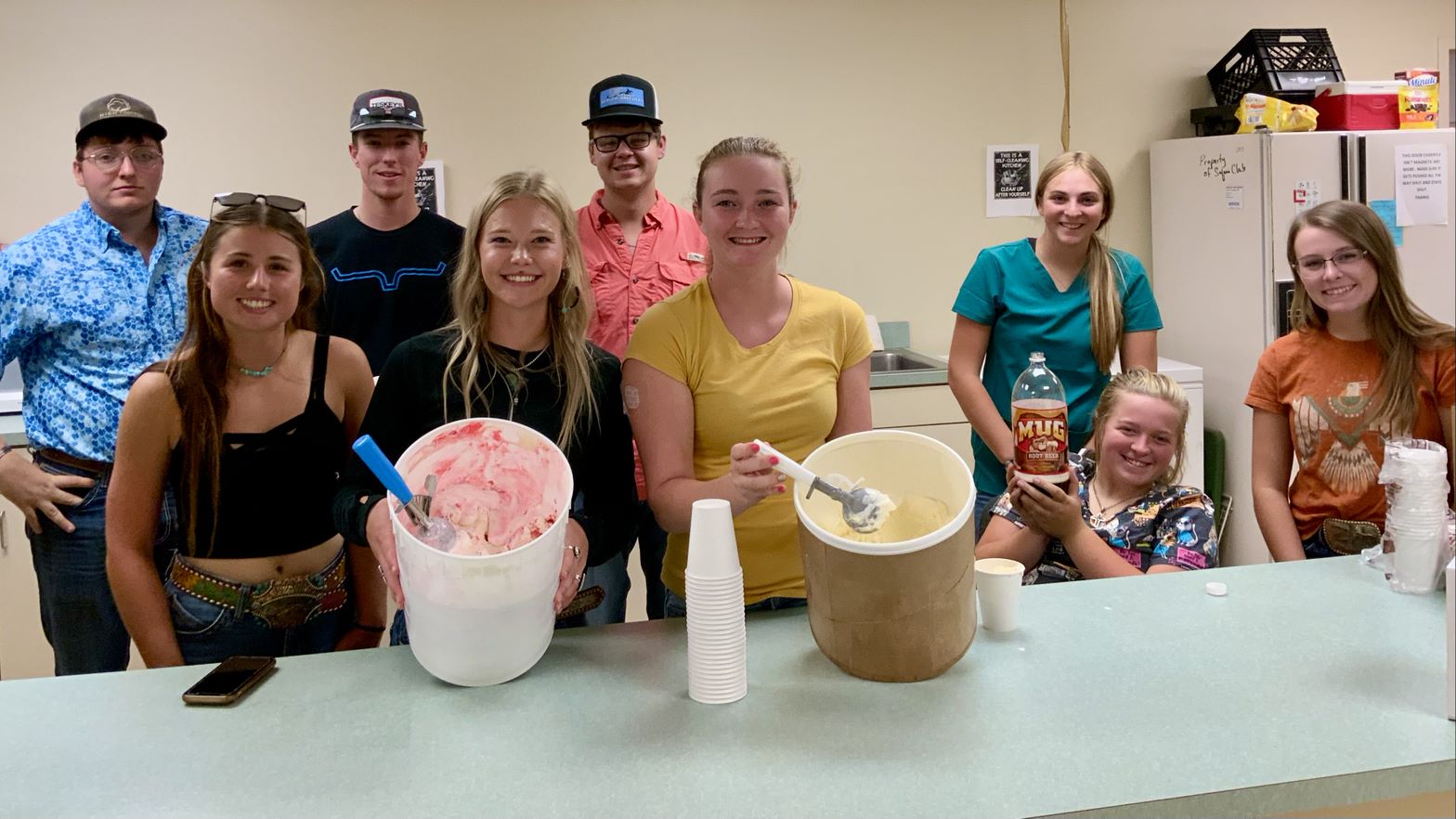 Aggies with the NCTA Ranch Horse Team hosted an ice cream social with root beer floats at the Livestock Teaching Complex on the first day of classes. Students are named in the adjoining story. (Andela Taylor / NCTA photo)