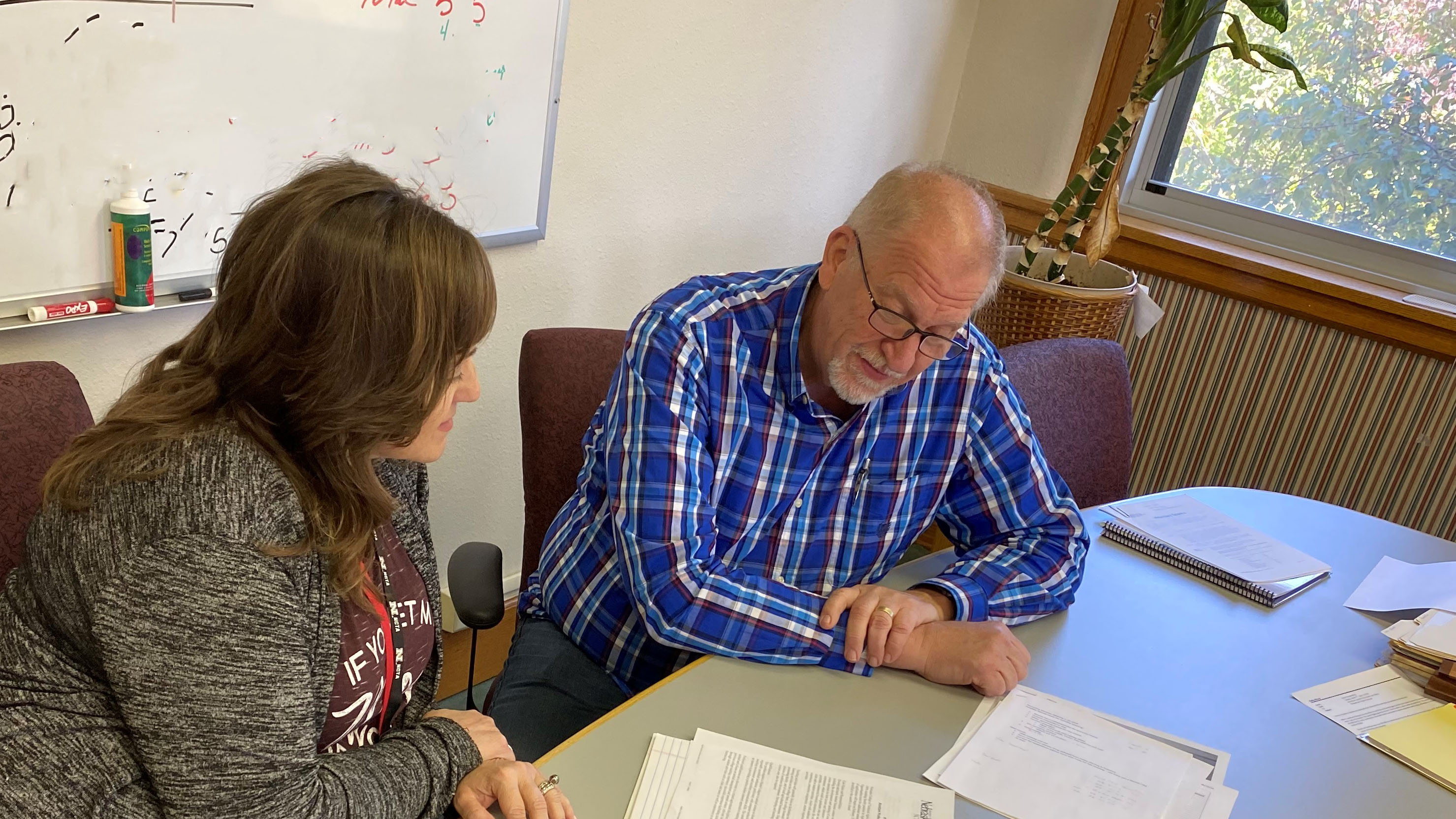 NCTA Associate Dean Jennifer McConville and Dr. Larry Gossen have an initial planning session in May. Dr. Gossen assumed duties as the new dean of the Nebraska College of Technical Agriculture on June 15. (NCTA photo)