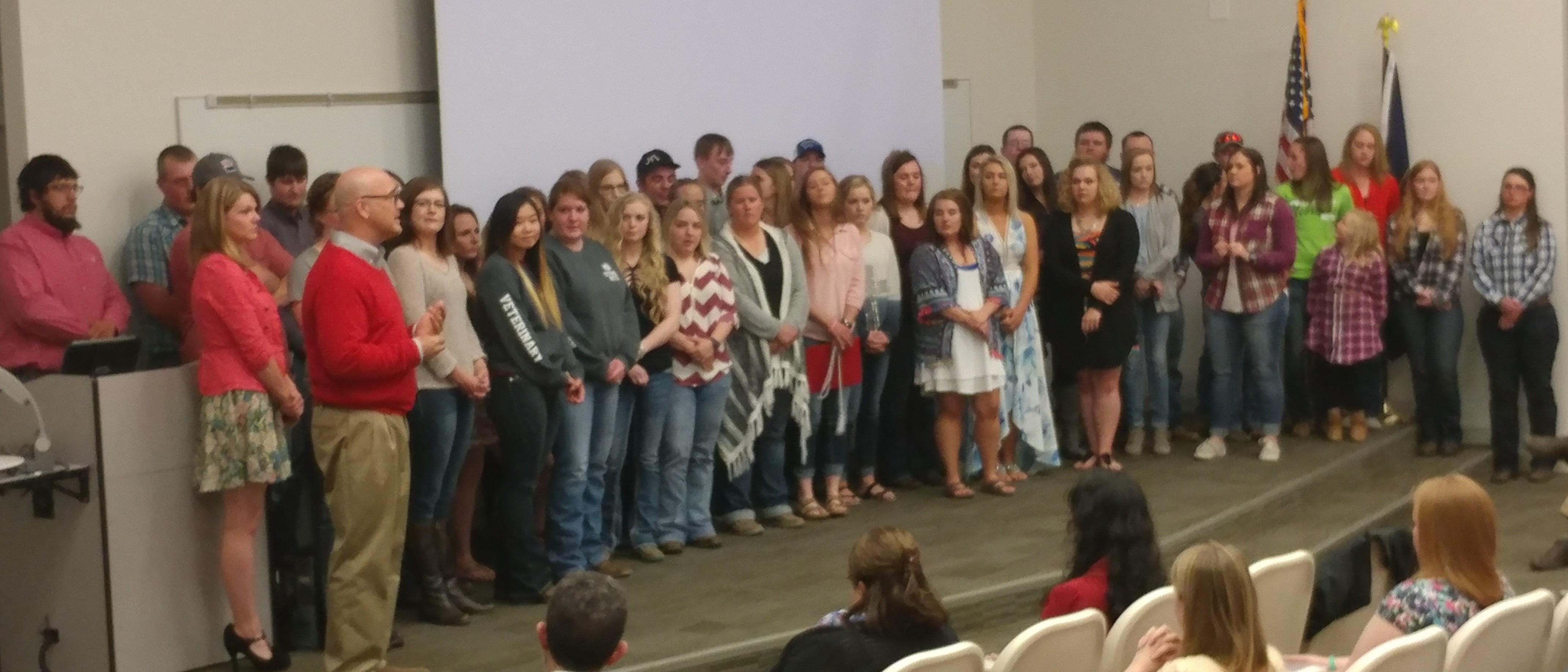 Honor students and academic award recipients at the Nebraska College of Technical Agriculture are recognized by University of Nebraska Vice President Mike Boehm at the 2017 Awards Night. (NCTA News Photo)