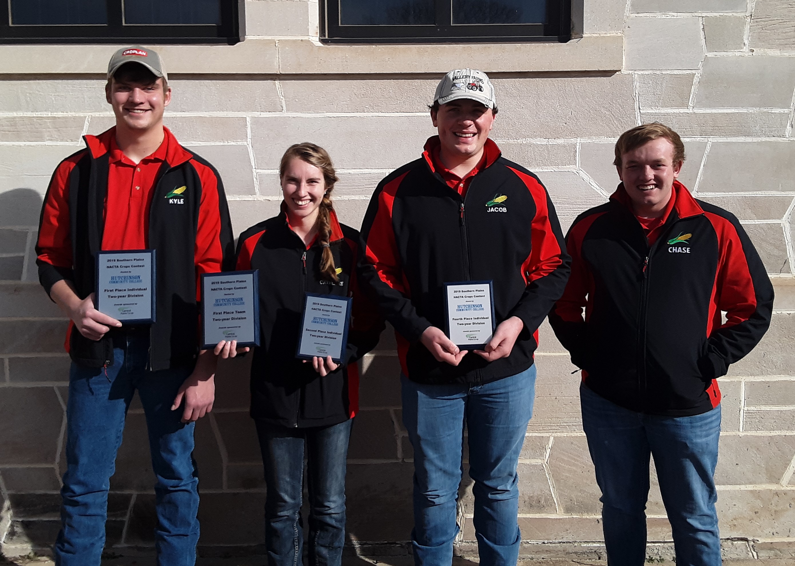 The NCTA Aggie Crops Judging Team took top honors Saturday in a contest among 2-year colleges. The team won first place and individual members ranked in the top seven placings. (From left) 1st place, Kyle Krantz, Alliance; 2nd, Catherine Lundggren, rural Hamilton County (Harvard); 4th, Jacob Vallery, Plattsmouth; and 7th, Chase Callahan, Gothenburg. (Ramsdale / NCTA Photo)