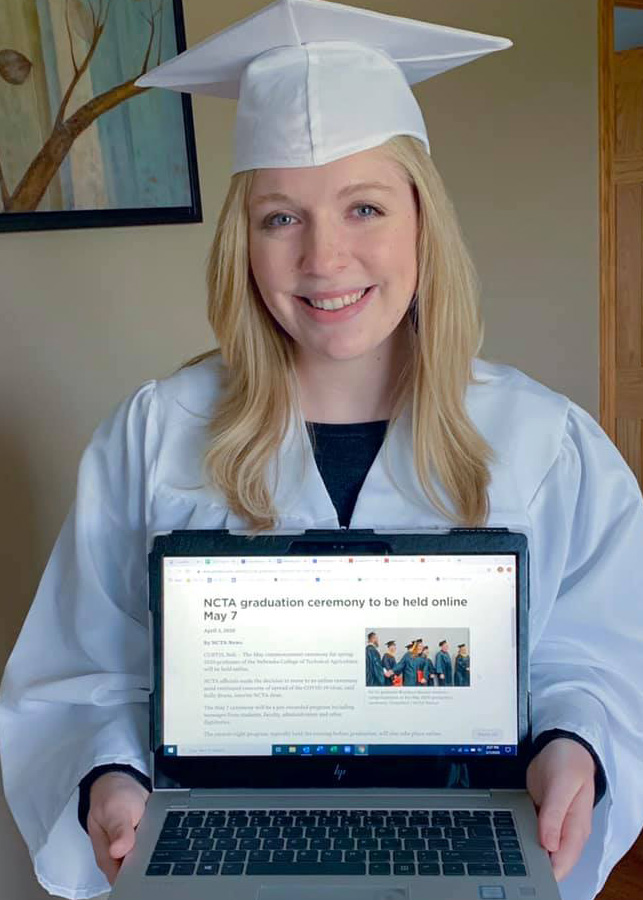 Jocelyn Kennicutt put on her cap and gown to watch her virtual commencement from the Nebraska College of Technical Agriculture. (Courtesy photo) 