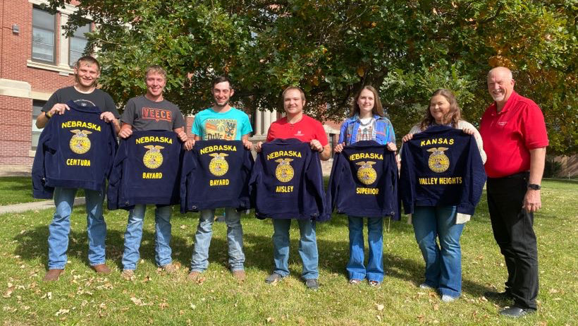 Aggies who receive their American FFA Degrees meet with NCTA Dean Larry Gossen in advance of the National FFA Convention. From left, John Ford, Centura; Ryan Liakos and Braden Johnson, Bayard; Keaton Moore, Ansley; Cassidy Frey, Superior; and Rylie Borgerding, Valley Heights. Alexxandra Malchow, Beatrice (Tri County FFA) was unavailable. (Photo by Annie Bassett / NCTA News)