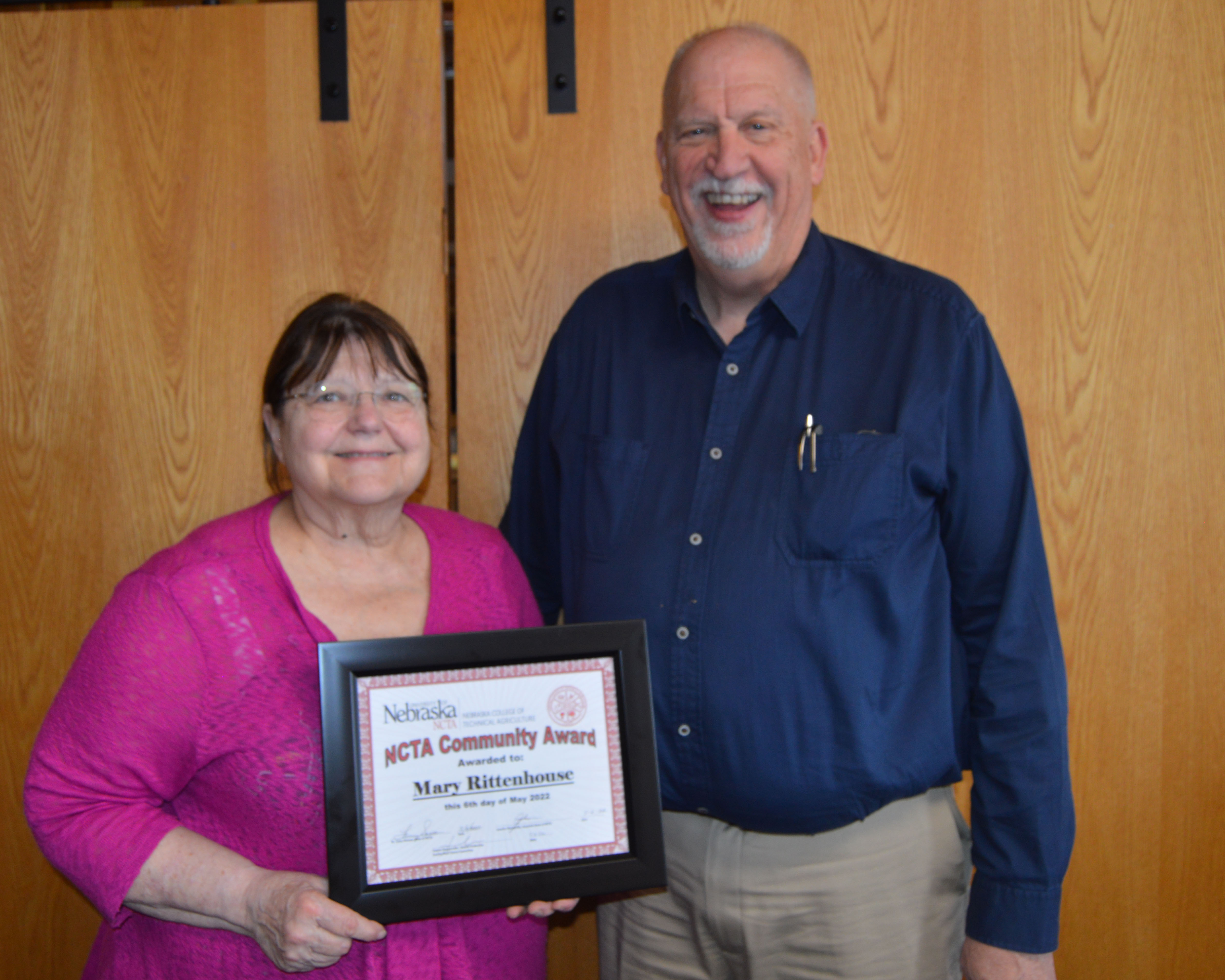 The NCTA Community Award for 2022 was presented to Mary Rittenhouse by Larry Gossen, dean of the Nebraska College of Technical Agriculture.  (Crawford / NCTA photo) 
