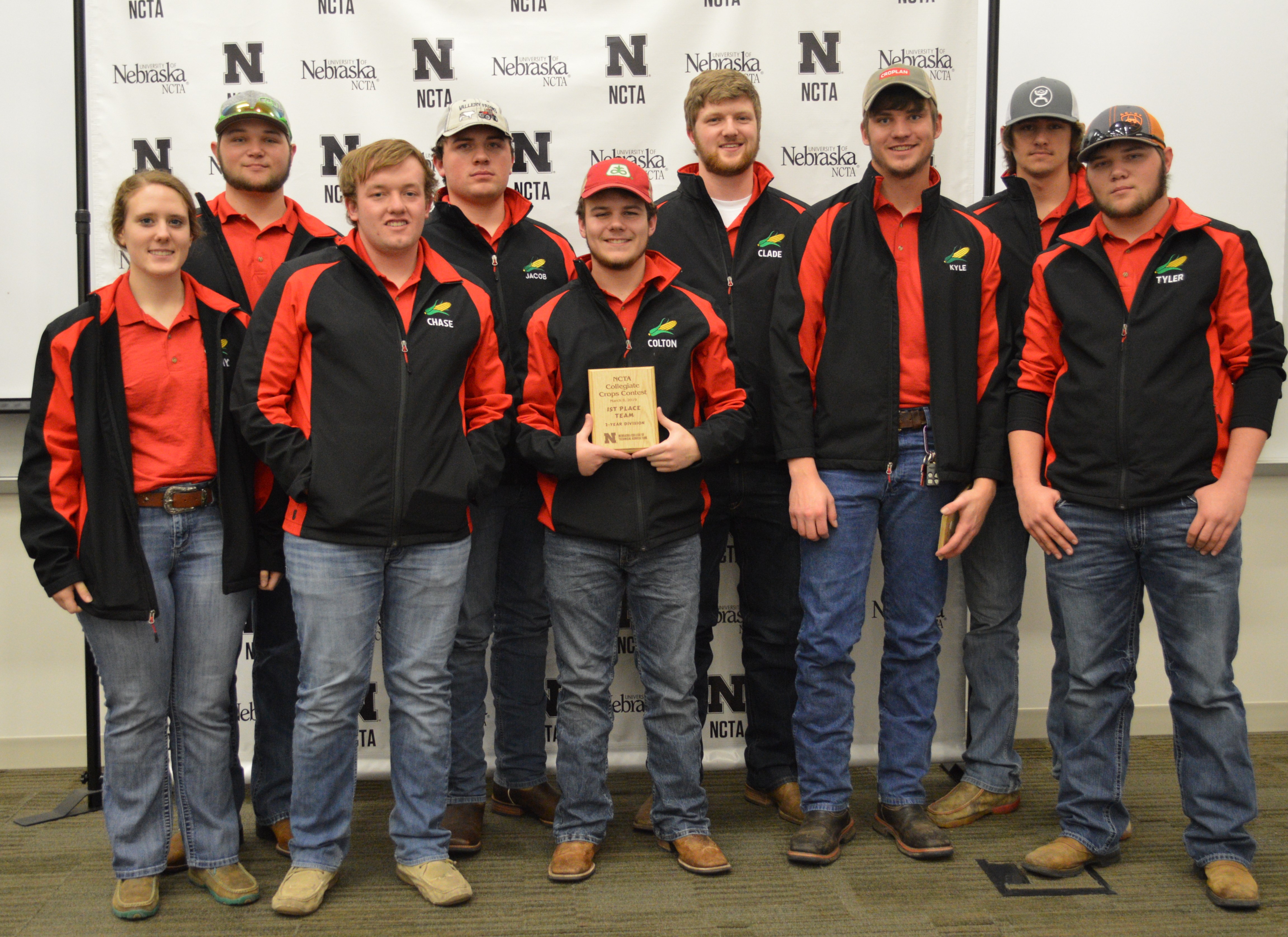 The NCTA Aggies team won first place among 2-year colleges in crops judging. Sophomore and freshmen students combined for this awards photo, from left, Amy Lammers, Ethan Aschenbrenner, Chase Callahan, Jacob Vallery (3rd place individual), Colton Bell, Clade Anderson, Kyle Krantz (1st place individual), Corbin Moore, and Tyler Aschenbrenner. Catherine Ljunggren (5th place individual) was unavailable for the photo. (E. Griffiths / NCTA Photo)