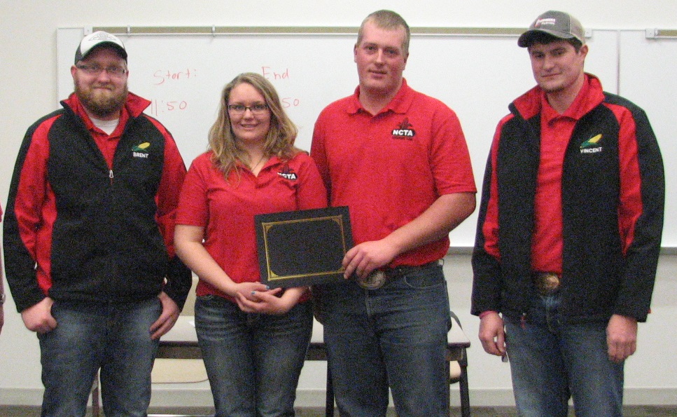 Top 2-Year Crops Team at NCTA’s contest March 11 was the NCTA team of (from left) Brent Thomas, Alliance; Maggie Brunmeier, Bayard, 2nd place; John Paul Kain, McCook, 1st place; and Vincent Jones, Kirwin, Kansas, 3rd place. (Ramsdale/NCTA)