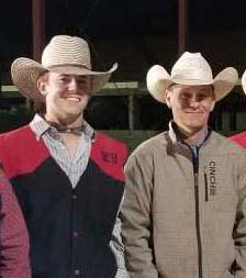 Shelton native Nathan Burnett, left, is a leading saddle bronc rider for the NCTA Aggies. Coach J.R. Dack is at right.