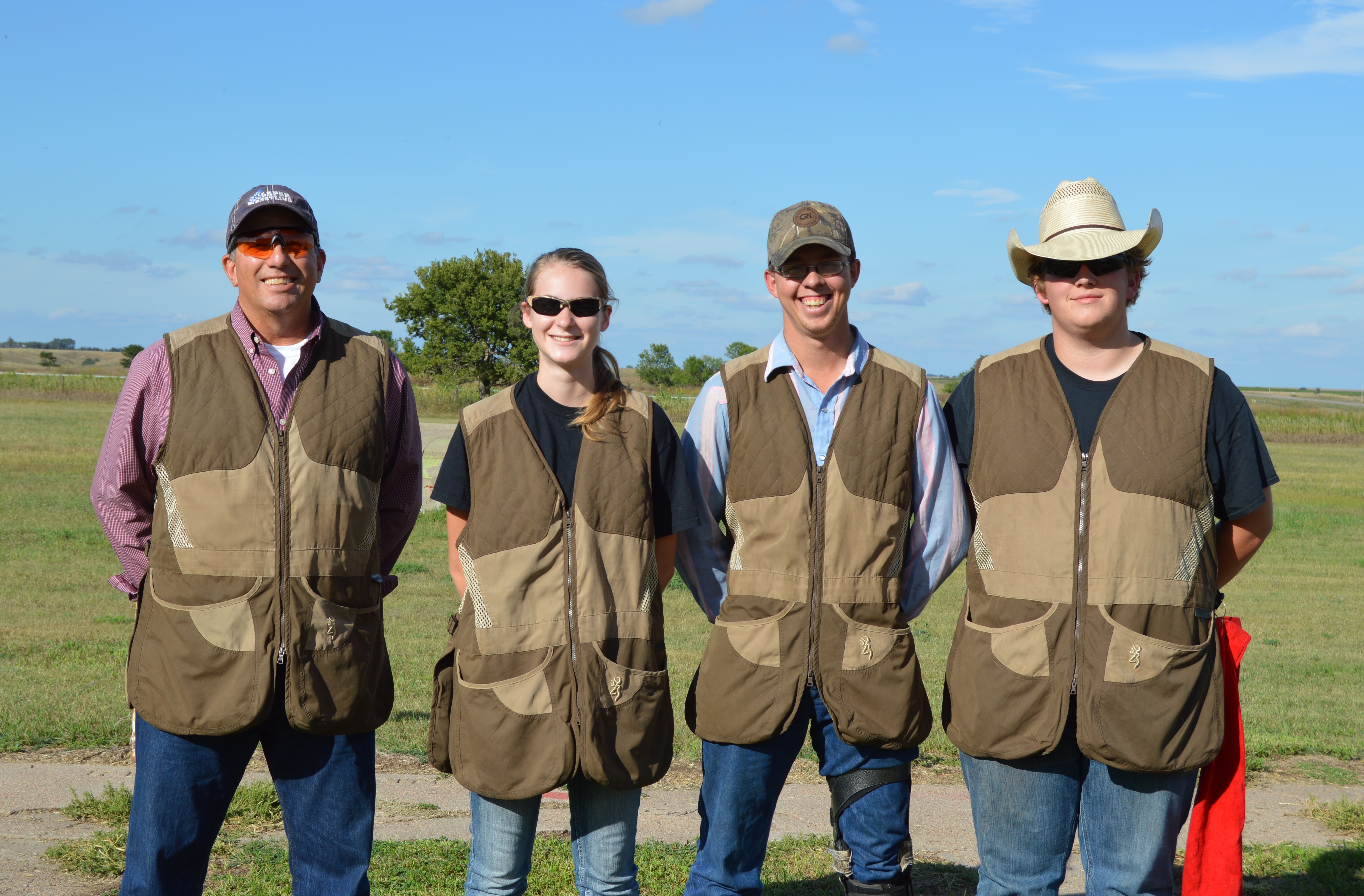 Coach Alan Taylor (far left) with the officers of the NCTA Aggie Trap Club include, Rilee VanDonge, Holton, Kan., president; Stetson Youel, Hay Springs, treasurer; and Trevor Kuhn, Omaha, vice president. (C.Tilford/NCTA News photo)
