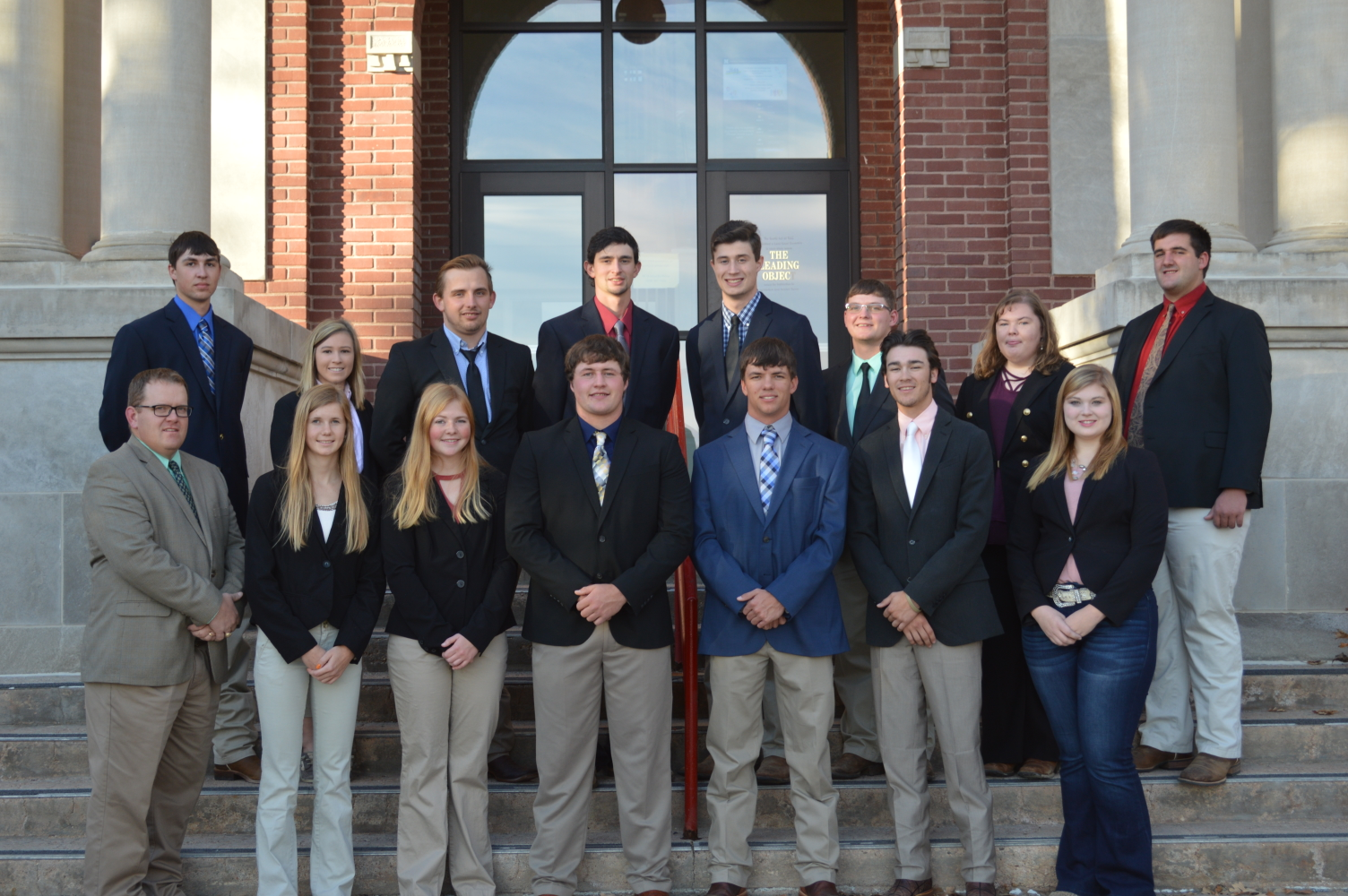 Livestock Judging Team students in a November, 2018, photo at NCTA Ag Hall are, back row: (L to R) Dean Fleer, assistant coach; Colbey Luebbe, Grant Romshek, Remy Mansour, Will Moeller, Peyton McCord, Rachel Miller, and Nathan Lashley, assistant coach. Front row: (L to R) Dr. Doug Smith, coach; Tiffany Dickau, Emily Riley, Seth Racicky, Camden Wilke, Garrett Lapp, and Maisie Kennicutt. (Tina Smith/NCTA Photo)