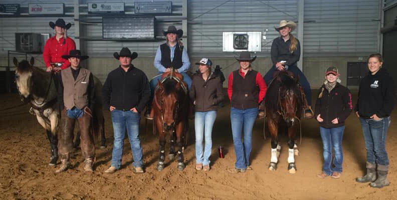 The NCTA Ranch Horse Team at CoWN WinterFest in Loveland included (L-R) Lennae Eisenmenger, Damian Wellman, Brady Mattke, Carlee Stutz, Nicole Ackland, Huntra Christensen, Madisyn Cutler, Kaylee Tremel, and Coach Joanna Hergenreder. (Courtesy photo by Laurie Stutz)