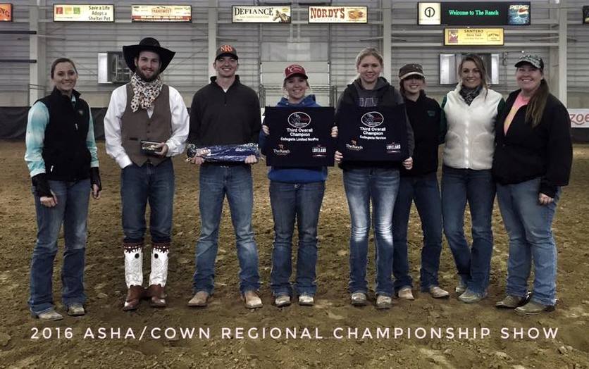 NCTA Aggie Ranch Horse Team members at the Region 5 Championships of the American Stock Horse Association included, from left, Morgan Schrank, Canton, S.D.; Rio McGinley, Oshkosh;  Drake Johnson, Thurston; Makayla Forsythe, Garland; Kaitlyn Thesenvitz, Wood River;  Hanna Christenson, Burwell; Jessa Lemon, Curtis;  and Brooklyn Becker, Beaver City. They were assisted by (not pictured) Carly Wade of Monroe, Maine; Shane Hoer, Blair, and Whitney Hall, Alliance. (NCTA Ranch Horse photo) 