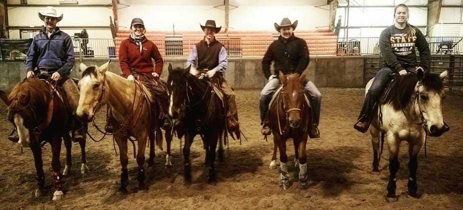 Aggies received customized training in horsemanship and reining at a campus clinic in 2017. Sherman Tegtmeier, second to right, returns to Curtis Feb. 23-24. (NCTA photo)