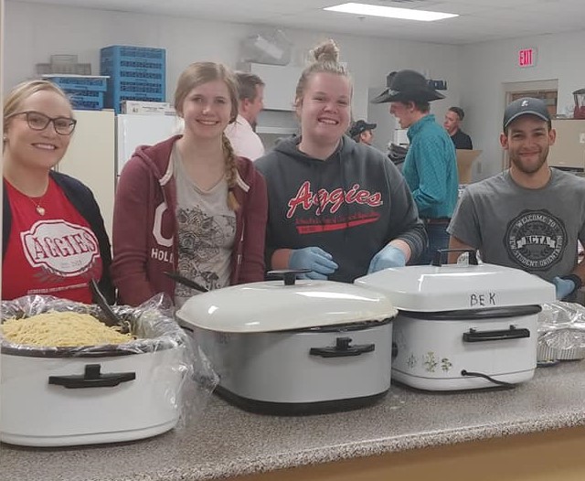NCTA students serving pasta at the NCTA Nebraska Disaster Relief Benefit (left to right) are Brianna Schuck, Harvard, Tiffany Dickau, Elwood, Emily Giese, Papillion, and Keegan Jones of Laurel, Maryland. More photos can be viewed in the PDF at the end of this article. (C. Hauptman / NCTA photos)