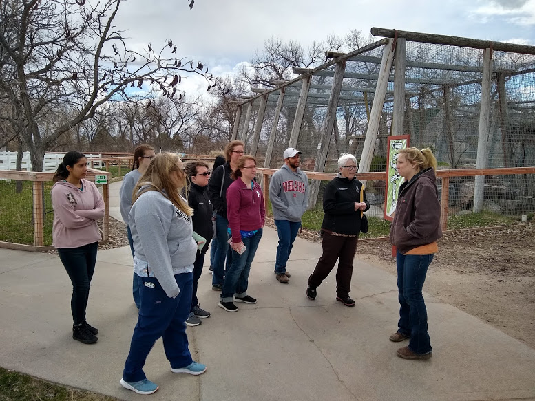 Vet Tech students in the NCTA Exotic Animal class tour the Riverside Discovery Center in Scottsbluff with their classmate Shay Nealon, far right, who is served her internship with the zoo. (Crawford / NCTA photo)