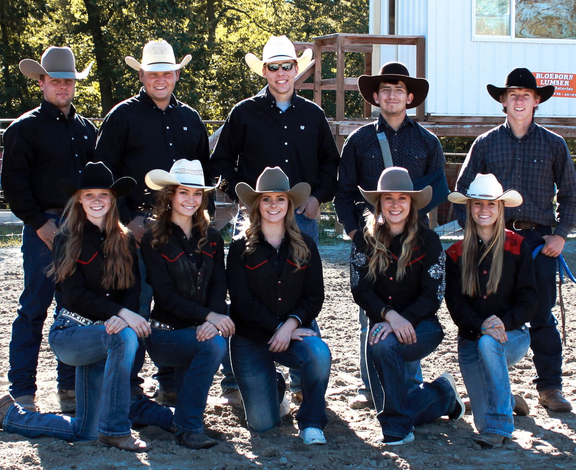 Aggie Rodeo Women’s Team (front, from left) Madison Schnase, Lincoln; Emma Bassler, Blair; Cheyenne Eden, Humboldt; Tara Spatz, Trotwood, Ohio; and Shelby Dismuke, Pine, Colorado. Men’s Team (back, from left) Baily Holt, Ainsworth; Trey Baum, Elgin; Quentin Anderson, Pierce; Austin Porras, Greeley, Colorado; and Jebb Ginkens, Harrison. (Photo credit: Tori Rossenbach)