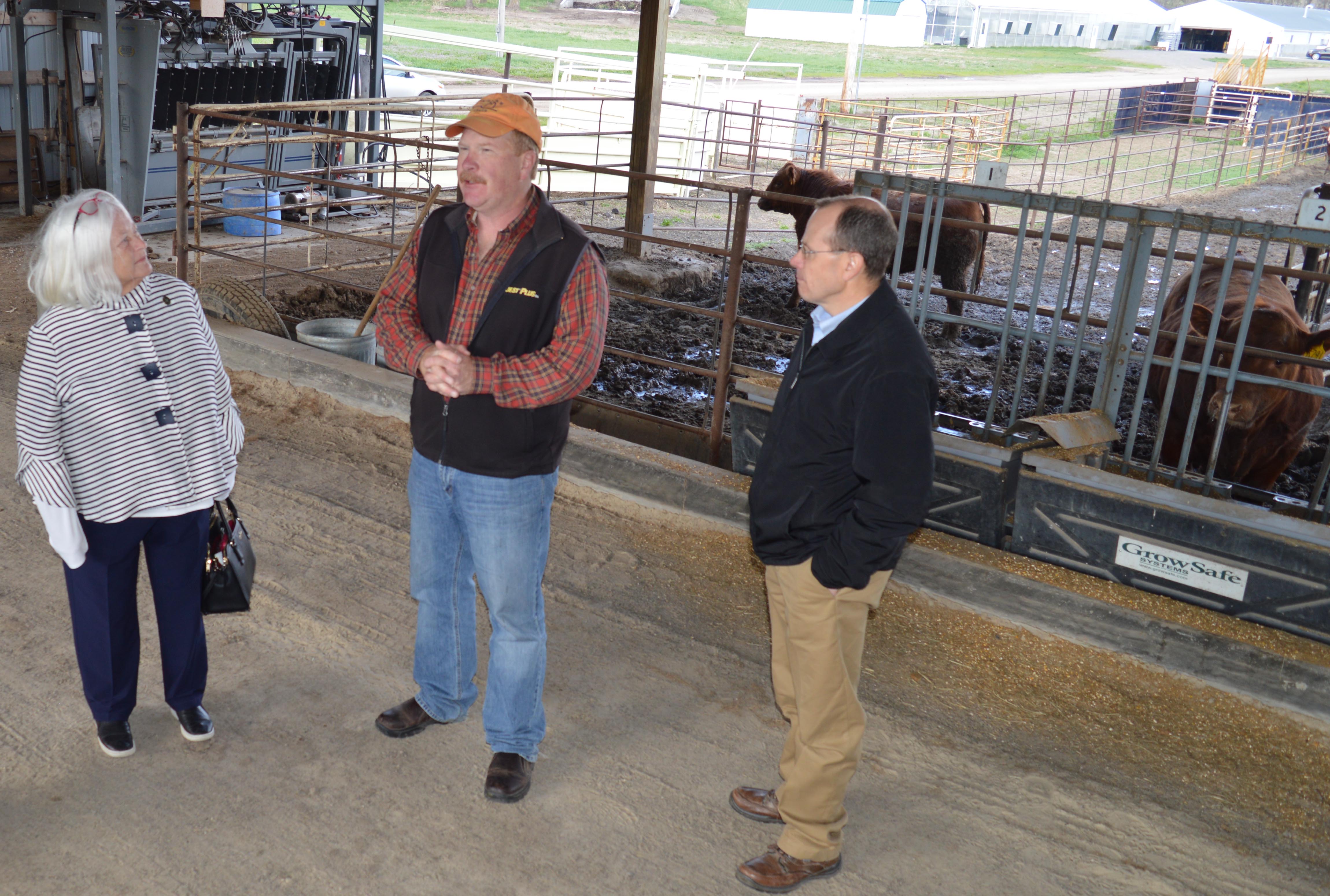 University of Nebraska Regent Barbara Weitz visits with Dr. Rick Funston, beef scientist, and Dr. Kelly Bruns, newly-named interim dean at NCTA in Curtis, at a May 3 tour of the West Central Research and Extension Center. (NCTA Photo)