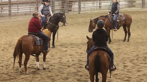 Students participate in an equine class in the arena.