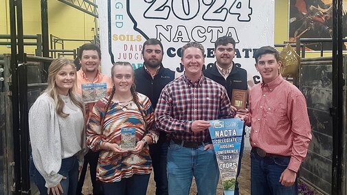 Team members (Nebraska hometowns, unless otherwise listed, back row L â R): Jay Mintling (1st year), Hayes Center; Owen Harb (1st year), Grand Island; Tyler Keener (2nd year), Mitchell. Front row (L-R):  Delany Salm (1st year), Kendall, WI; Leah Schutz (1st year), Elwood; Chase Glover (2nd year), Grand Island; and Sean Lucas (1st year), Bailey, CO. One student is holding a pendant banner.