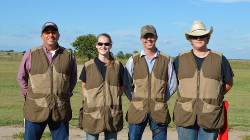 Coach Alan Taylor (far left) with the officers of the NCTA Aggie Trap Club include, Rilee VanDonge, Holton, Kan., president; Stetson Youel, Hay Springs, treasurer; and Trevor Kuhn, Omaha, vice president. (C.Tilford/NCTA News photo)