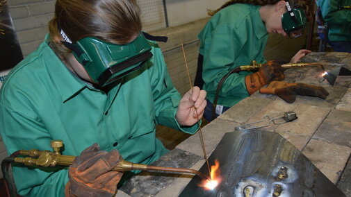 Future agriculture teachers and welding technicians test their brazing skills in the welding program at the Nebraska College of Technical Agriculture. NCTA was named a Top 30 trade school in the U.S. last week. (Crawford/NCTA News)