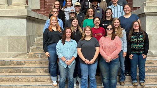 NCTA Student Senate 25-26 group standing on stairs outside of Ag Hall