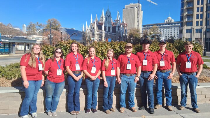 25-26 NCTA Crops Judging Team at the CANVAS competition in Salt Lake City, UT (L-R):  Kyra Jespersen (Hemingford, Nebraska), Rachel Bose (McCook, Nebraska), KaCee Jo Saffer (Arriba, Colorado), Hailey Loutzenhiser (Flagler, Colorado), Jada Eilert (Jewell, Kansas), Aaron Underwood (Mankato, Kansas), Mason Semler (Friend, Nebraska), Wyatt Ozenbaugh (Ohiowa, Nebraska), and Grant Ottun (Sargent, Nebraska). 