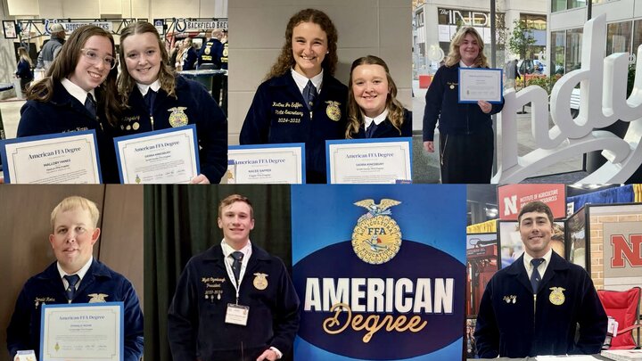NCTA students and alumni proudly receiving their American FFA Degrees at the National FFA Convention in Indianapolis.  Top row (L–R): Mallory Hanes (Haxtun, CO), Sierra Kingsbury (Smith Center, KS), KaCee Jo Saffer (Flagler, CO), Erin Tempel (Wiley, CO).  Bottom row (L–R): Donald Rohr (Cambridge, NE), Wyatt Ozenbaugh (Ohiowa, NE), Kyle Rote (Lisco, NE).