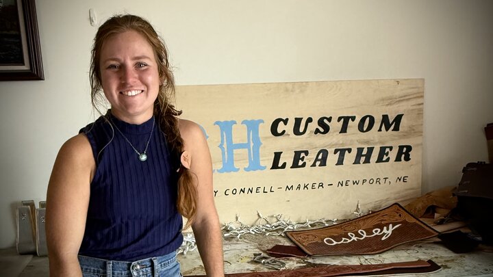 Ashley Connell in her RH Custom Leather workshop in Newport, Nebraska.