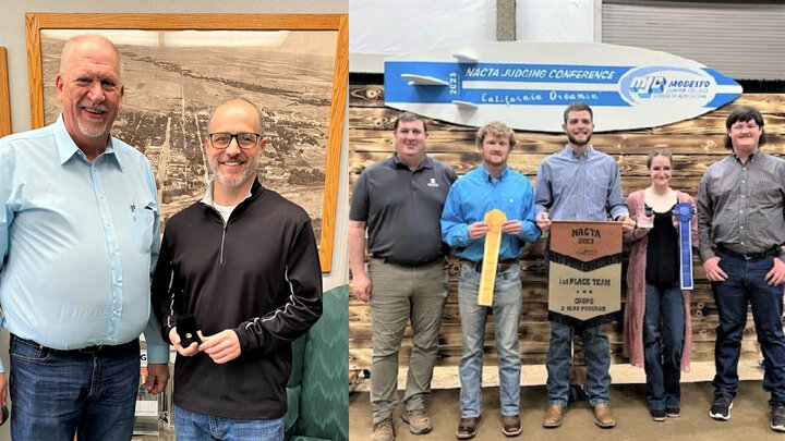 Dean Dr. Larry Gossen presents Dr. Eric Reed a PTK honor pin for 10 years as faculty advisor. Dr. Brad Ramsdale with his 1st place crops judging team at NACTA.