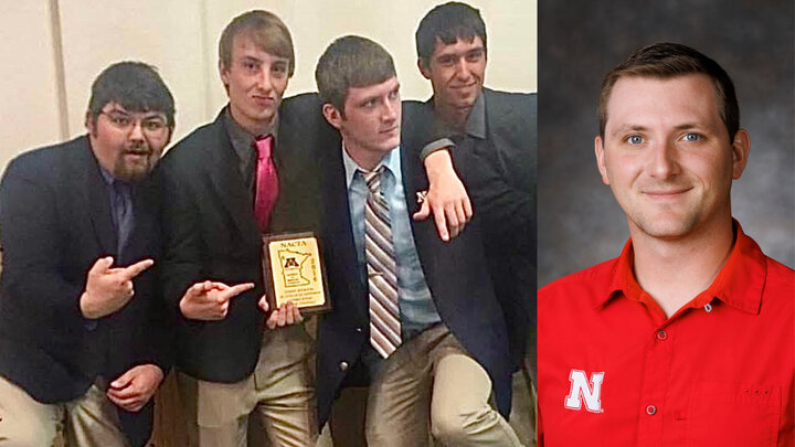 NCTA alum Calvin DeVries celebrates NACTA Livestock Judging success with friends. A current image of Calvin, extension educator for the University of Nebraska.