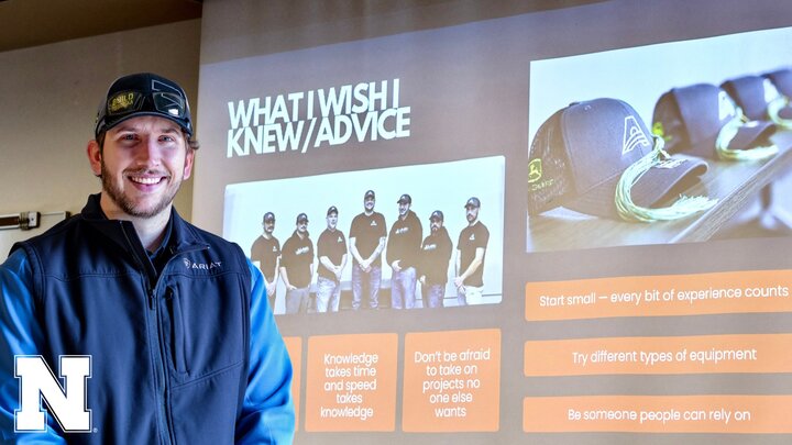 Christopher Keane, a ’23 graduate of NCTA currently employed with the Nebraska Department of Transportation, visited with current students about his career path in ag mechanics and offered sound advice for job seeking. Photo of Keane during presentation.