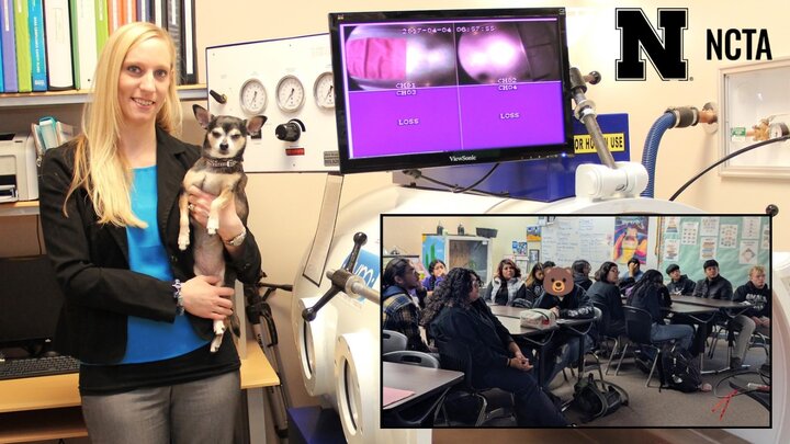 NCTA Alumnus Christina Knadjl at her veterinary technology practice. (Inset photo) Students listen to Christina’s presentation about NCTA in a classroom at Wm. Jennings Bryan High School in Omaha. Bryan has a dynamic urban agriculture and FFA program. 