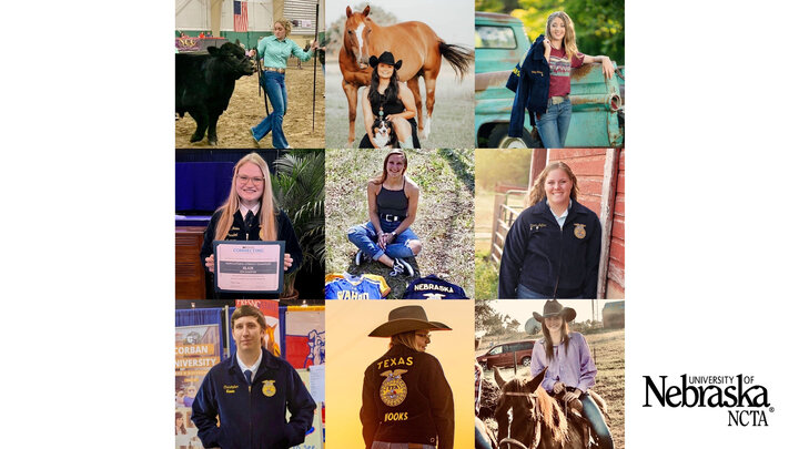 NCTA Collegiate FFA members (From top L-R) McKenna Renner, North Platte, Natalie Johnson, Veteran, WY, Presley Brumbaugh, Sidney, IA, Lexington Jones, Blair, Jazlyn Nelson, Wahoo, Allison Lofton, Lodgepole, Chris Keane, Chico, CA, Zoe Gorham Hooks, TX & Broken Bow, and Riley Robbins, San Saba, TX.