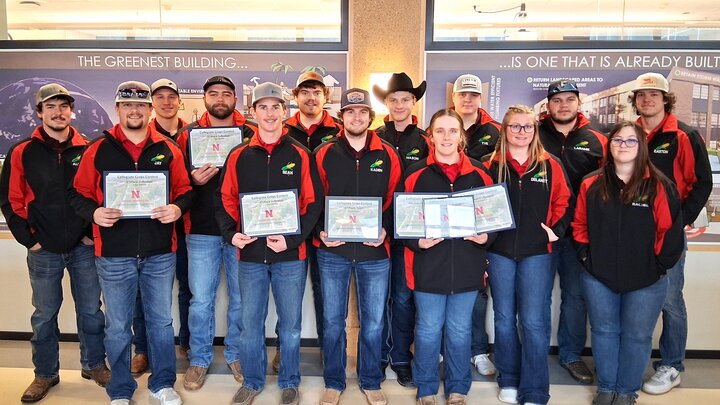 NCTA Crops team at UNL contest (L-R) Back Row: Alden Bewley, Alma; Wyatt Ozenbaugh, Davenport; Owen Harb, Grand Island; Tyler Keener, Mitchell; Mason Semler, Friend; Tye Dickes, Ithaca; Laramie Frear, Wood River; Easton Finch, Paxton. Front Row: Jay Mintling, Hayes Center; Sean Lucas, Bailey, CO; Kaden Day, McCook; Leah Schutz, Elwood; Delany Salm, Kendell, WI; and Rachel Bose, McCook. 