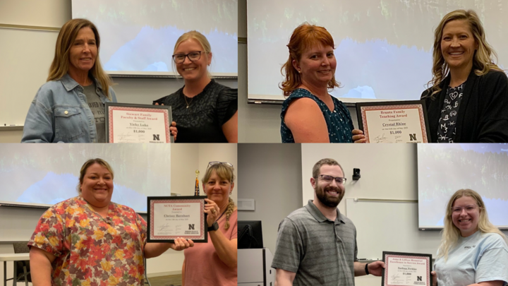 NCTA awardees on the left of each photo, honored by their colleagues: (Top L-R) Vicky Luke receives Steward award, Dr. Crystal Rhine receives Bruntz award, (Bottom L-R), Chrissy Barnhart receives NCTA Community Award, and Nathan Nicklas receives John and Lillian Memorial for Excellence in Service. 