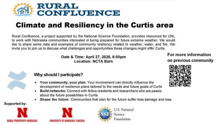 Event flyer for "Rural Confluence: Climate and Resiliency in the Curtis Area," April 27, 2026.
