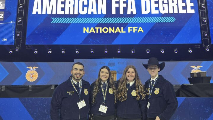 NCTA students receiving their American Degree at the 96th National FFA Convention in Indianapolis (L-R): Morel Jurado of Imperial, Kia Brown of Utica, Jozlyn Anderson of Plainview, and Wyatt Deemer of Tekamah. 