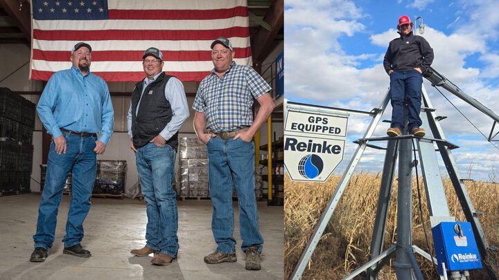 The co-owners of 1st Choice Irrigation in Rocky Ford, CO, are featured from left: Jared Gardner, Paul Casper, and Matthew Gardner. On the right, Jacob Gearhart, an irrigation tech student, poses with a Reinke pivot. 