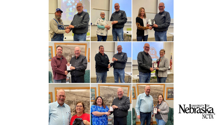 Dean Larry Gossen presents NCTA faculty and staff service awards (top L - R) Mark Ehlers, Judy Bowmaster-Cole, Vicky Luke, Kevin Martin, Brad Ramsdale, Jo Hergenreder, Jo Popp, Chrissy Barnhart, Jennifer McConville.