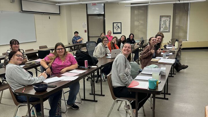 NCTA Vet Tech students are all smiles in hematology class on campus in Curtis, Nebraska.